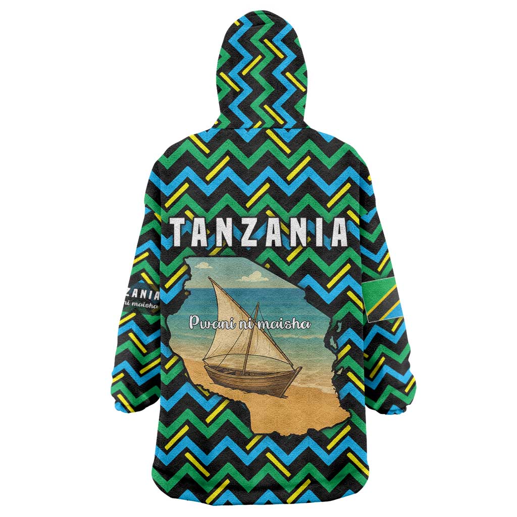 Tanzania Coastal Life Wearable Blanket Hoodie with Swahili Dhow Boat and Tribal Pattern - Wonder Print Shop