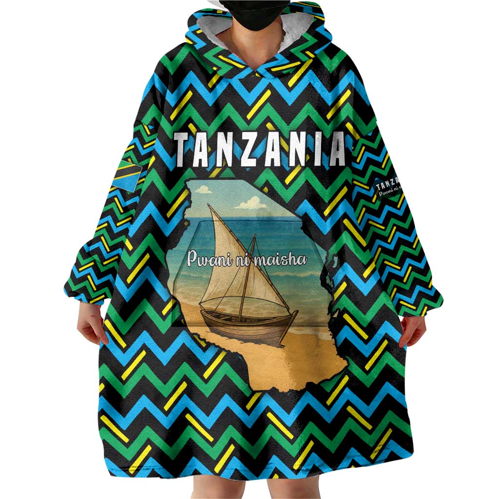Tanzania Coastal Life Wearable Blanket Hoodie with Swahili Dhow Boat and Tribal Pattern - Wonder Print Shop