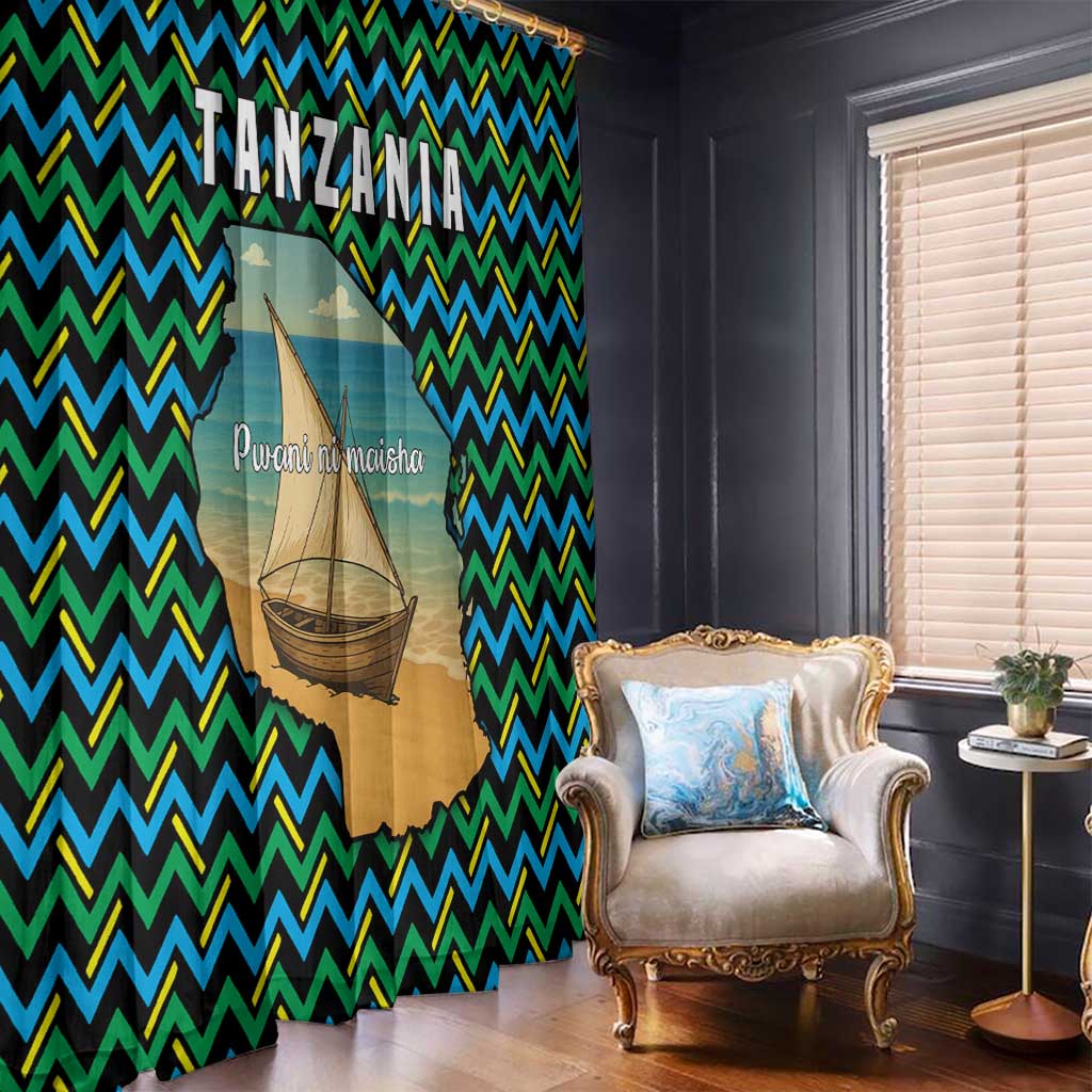 Tanzania Coastal Life Window Curtain with Swahili Dhow Boat and Tribal Pattern - Wonder Print Shop