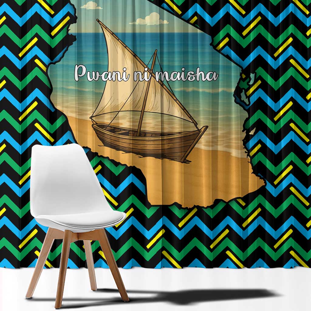 Tanzania Coastal Life Window Curtain with Swahili Dhow Boat and Tribal Pattern - Wonder Print Shop