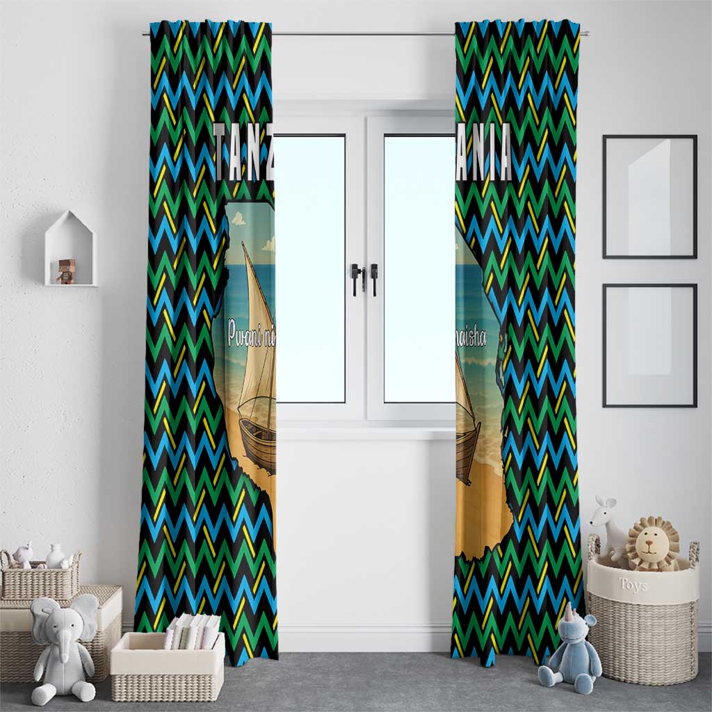 Tanzania Coastal Life Window Curtain with Swahili Dhow Boat and Tribal Pattern - Wonder Print Shop