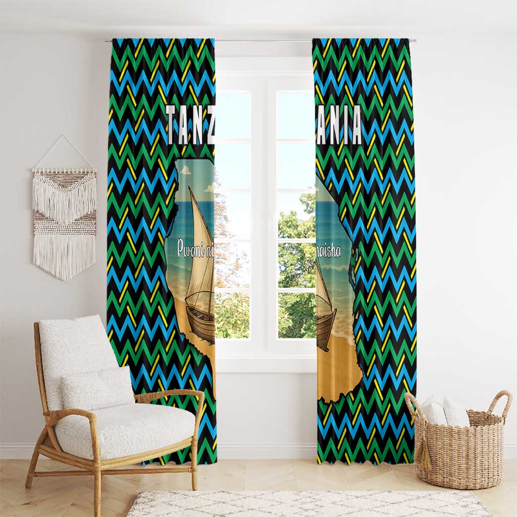 Tanzania Coastal Life Window Curtain with Swahili Dhow Boat and Tribal Pattern - Wonder Print Shop