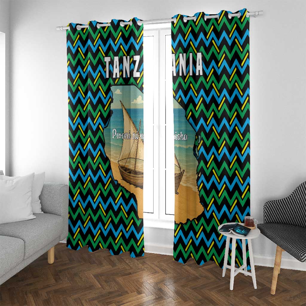 Tanzania Coastal Life Window Curtain with Swahili Dhow Boat and Tribal Pattern - Wonder Print Shop