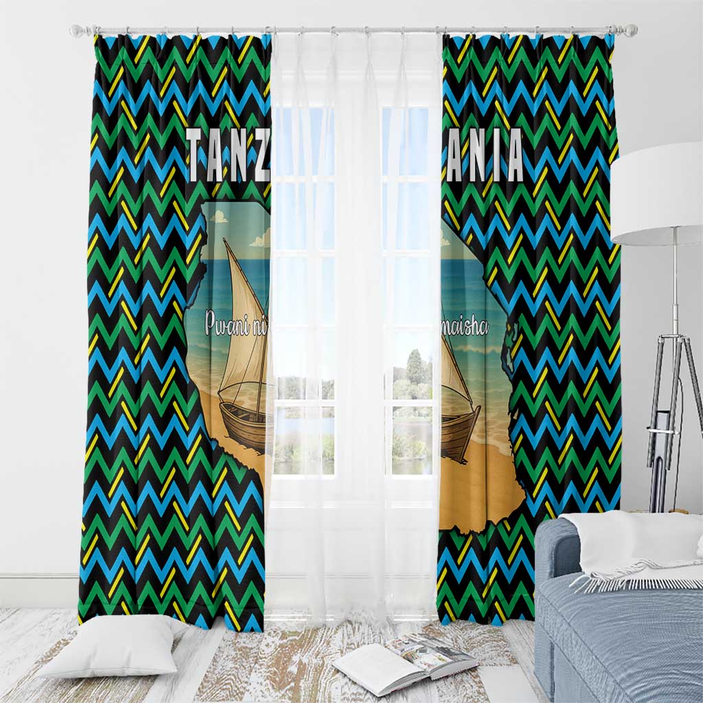 Tanzania Coastal Life Window Curtain with Swahili Dhow Boat and Tribal Pattern - Wonder Print Shop