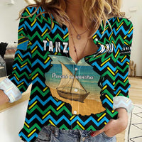 Tanzania Coastal Life Women Casual Shirt with Swahili Dhow Boat and Tribal Pattern - Wonder Print Shop