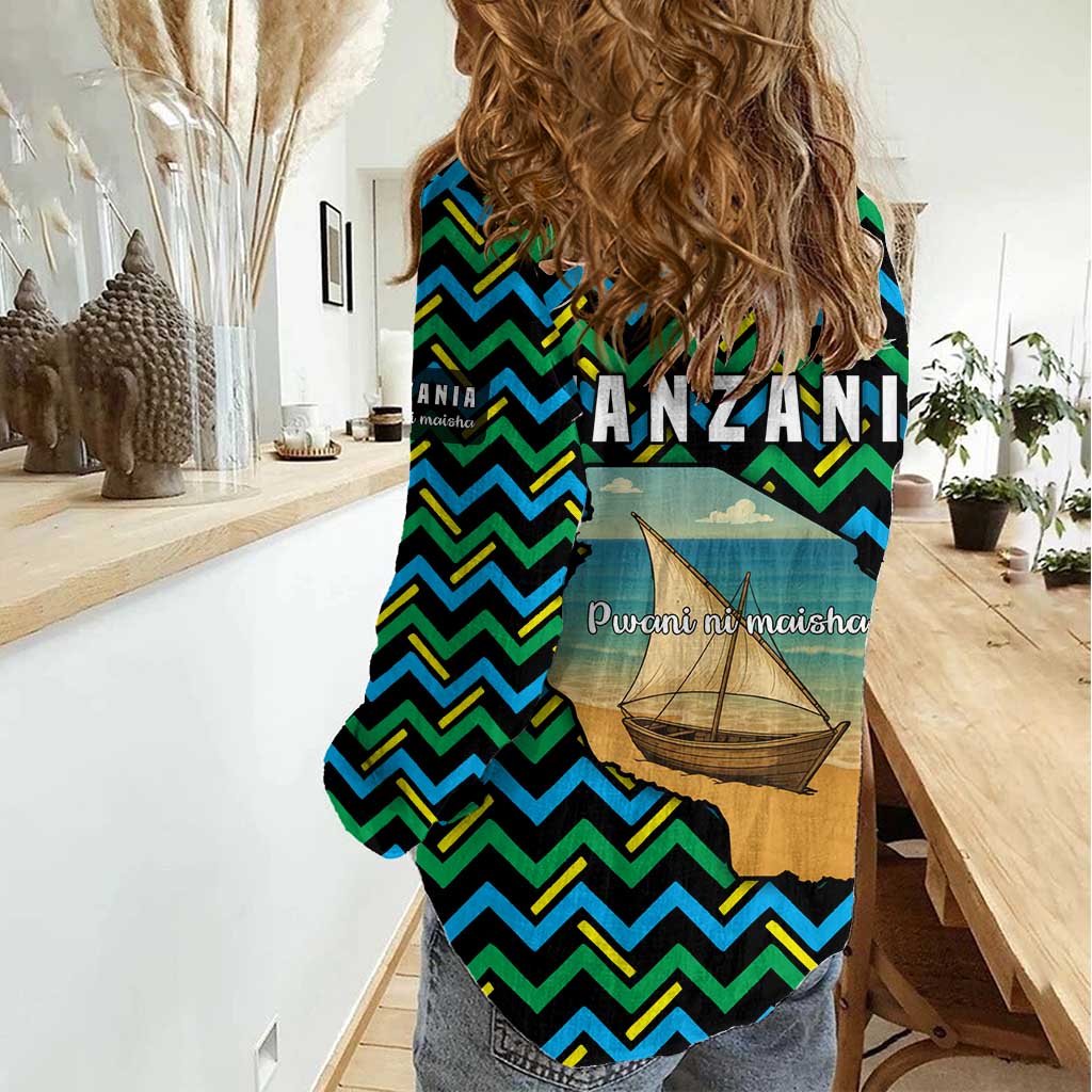 Tanzania Coastal Life Women Casual Shirt with Swahili Dhow Boat and Tribal Pattern - Wonder Print Shop