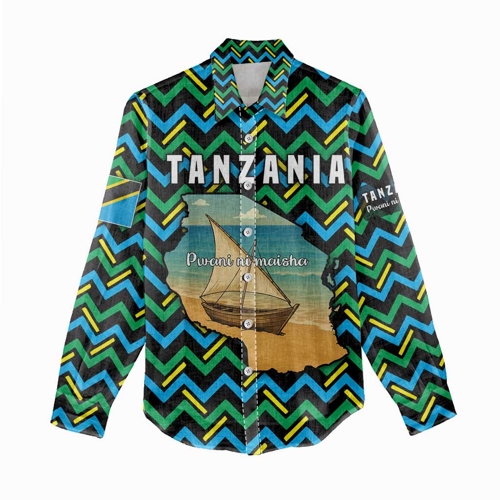 Tanzania Coastal Life Women Casual Shirt with Swahili Dhow Boat and Tribal Pattern - Wonder Print Shop