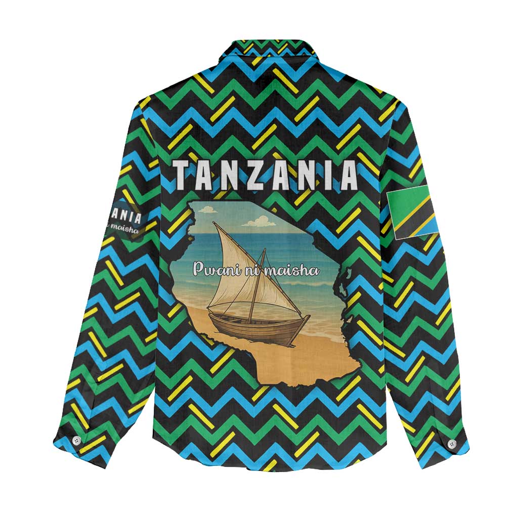Tanzania Coastal Life Women Casual Shirt with Swahili Dhow Boat and Tribal Pattern - Wonder Print Shop