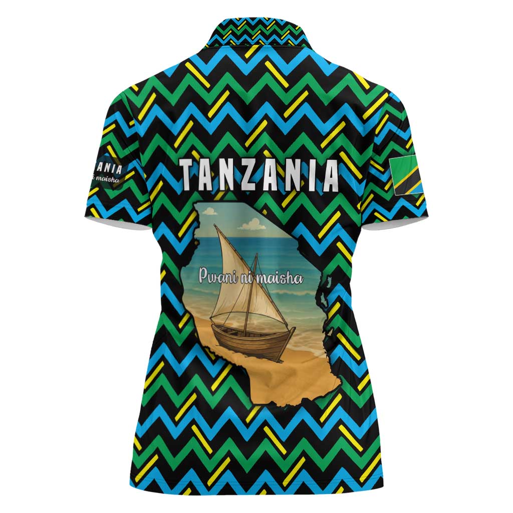 Tanzania Coastal Life Women Polo Shirt with Swahili Dhow Boat and Tribal Pattern - Wonder Print Shop