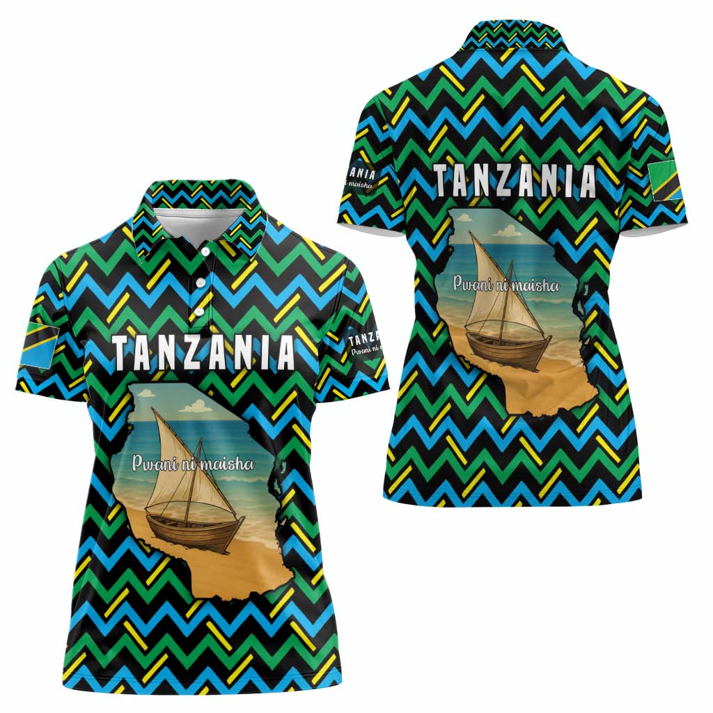Tanzania Coastal Life Women Polo Shirt with Swahili Dhow Boat and Tribal Pattern - Wonder Print Shop
