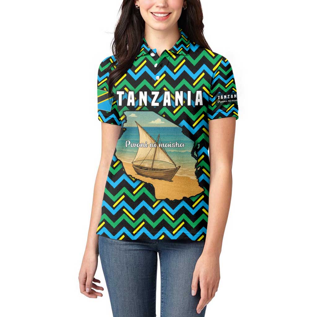 Tanzania Coastal Life Women Polo Shirt with Swahili Dhow Boat and Tribal Pattern - Wonder Print Shop