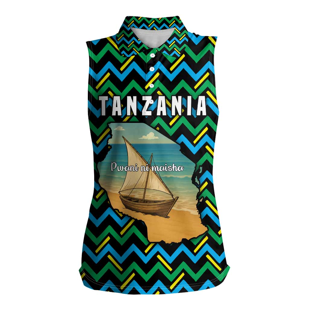 Tanzania Coastal Life Women Sleeveless Polo Shirt with Swahili Dhow Boat and Tribal Pattern - Wonder Print Shop