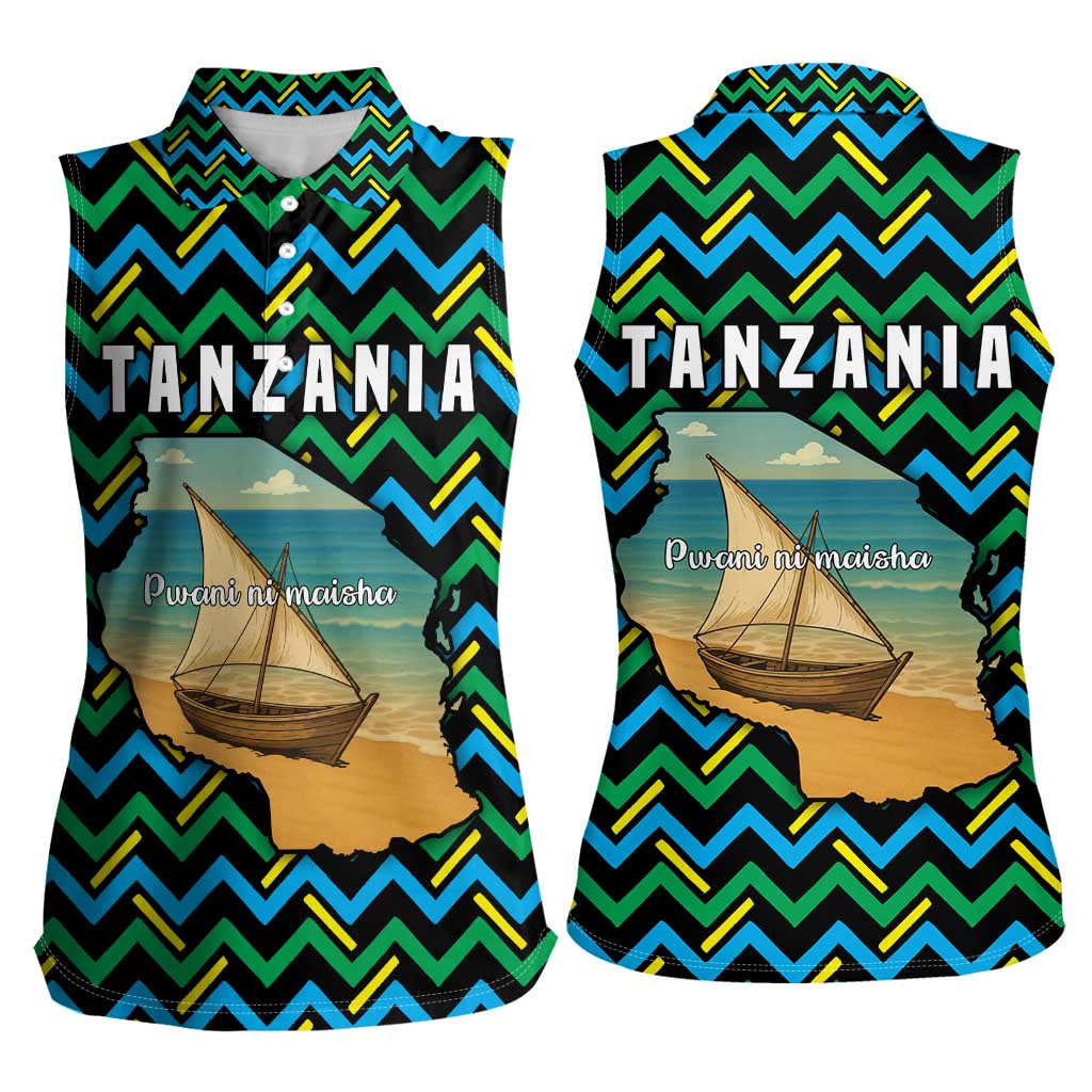 Tanzania Coastal Life Women Sleeveless Polo Shirt with Swahili Dhow Boat and Tribal Pattern - Wonder Print Shop