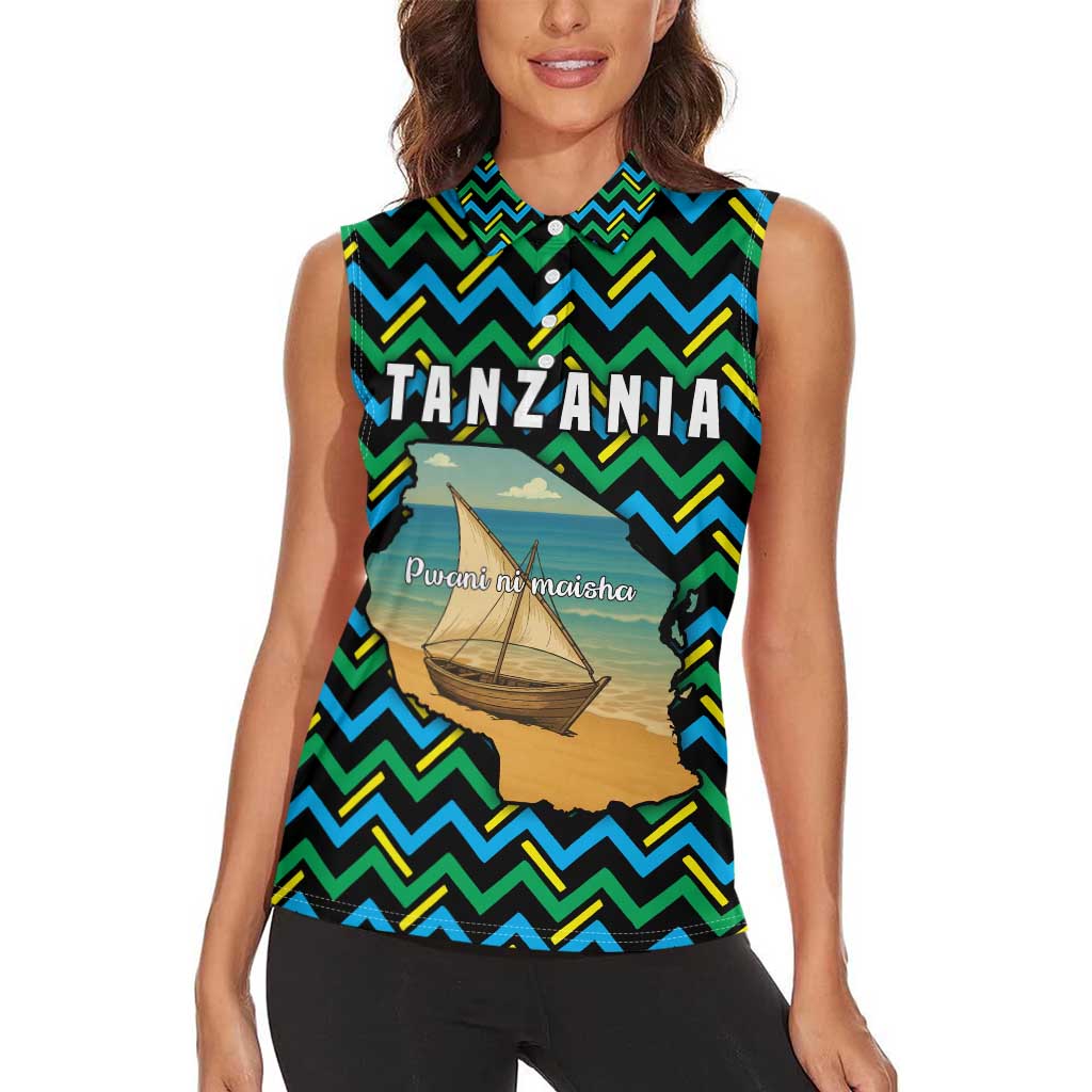 Tanzania Coastal Life Women Sleeveless Polo Shirt with Swahili Dhow Boat and Tribal Pattern - Wonder Print Shop
