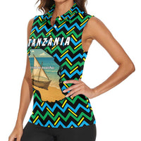 Tanzania Coastal Life Women Sleeveless Polo Shirt with Swahili Dhow Boat and Tribal Pattern - Wonder Print Shop