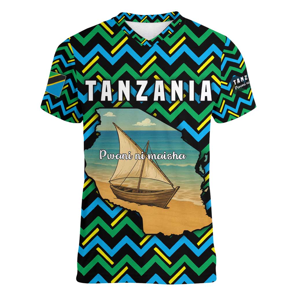 Tanzania Coastal Life Women V-Neck T-Shirt with Swahili Dhow Boat and Tribal Pattern - Wonder Print Shop