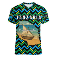 Tanzania Coastal Life Women V-Neck T-Shirt with Swahili Dhow Boat and Tribal Pattern - Wonder Print Shop