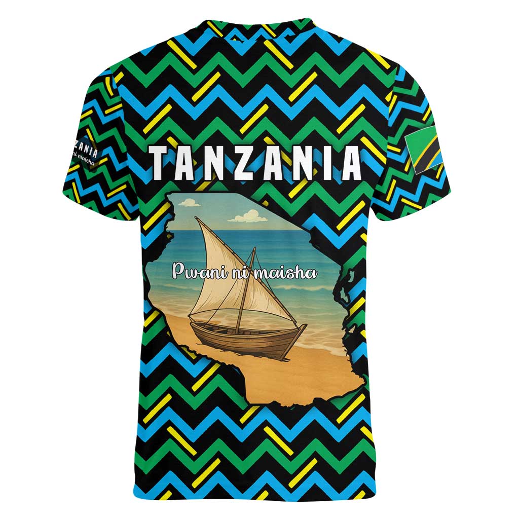 Tanzania Coastal Life Women V-Neck T-Shirt with Swahili Dhow Boat and Tribal Pattern - Wonder Print Shop