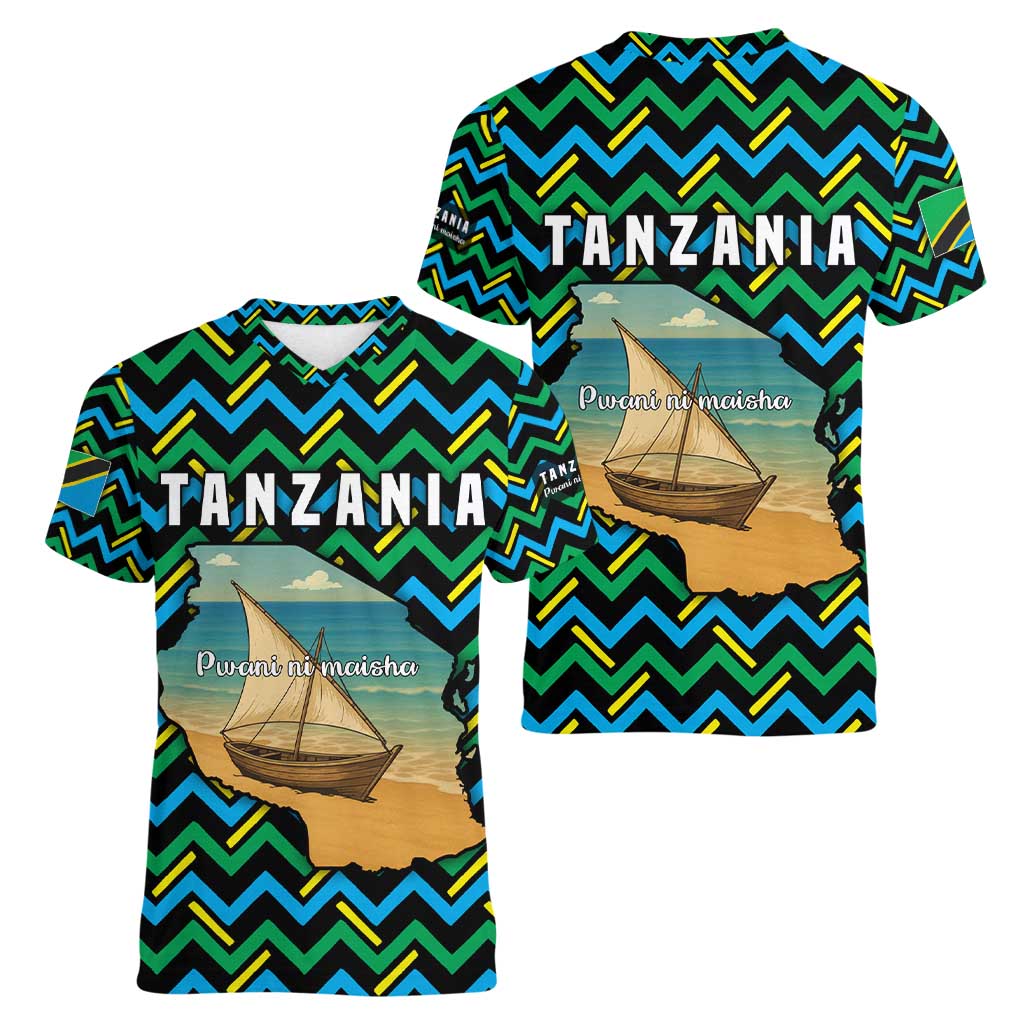 Tanzania Coastal Life Women V-Neck T-Shirt with Swahili Dhow Boat and Tribal Pattern - Wonder Print Shop