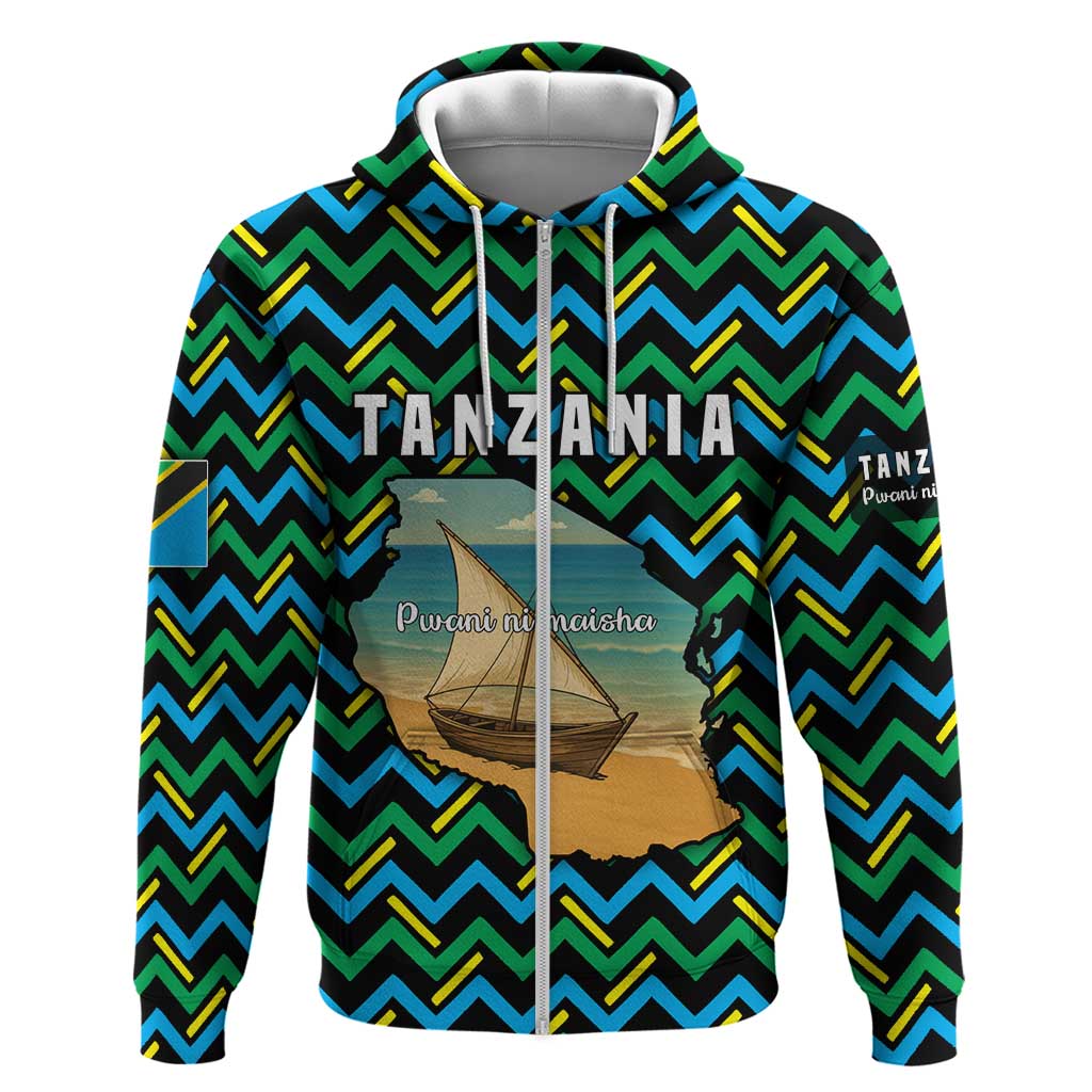 Tanzania Coastal Life Zip Hoodie with Swahili Dhow Boat and Tribal Pattern - Wonder Print Shop