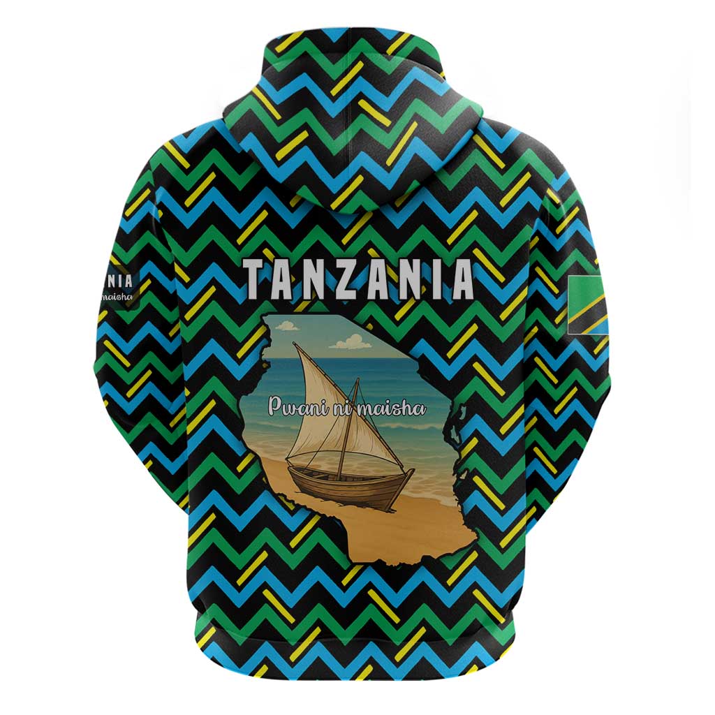 Tanzania Coastal Life Zip Hoodie with Swahili Dhow Boat and Tribal Pattern - Wonder Print Shop