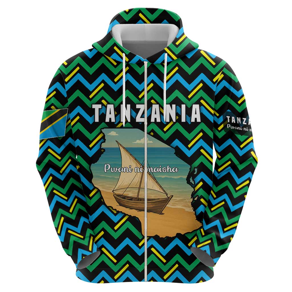 Tanzania Coastal Life Zip Hoodie with Swahili Dhow Boat and Tribal Pattern - Wonder Print Shop