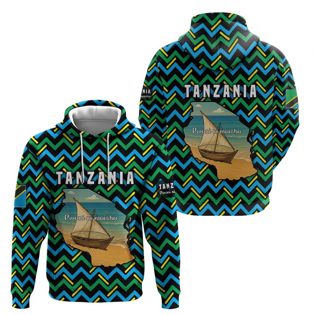 Tanzania Coastal Life Zip Hoodie with Swahili Dhow Boat and Tribal Pattern - Wonder Print Shop