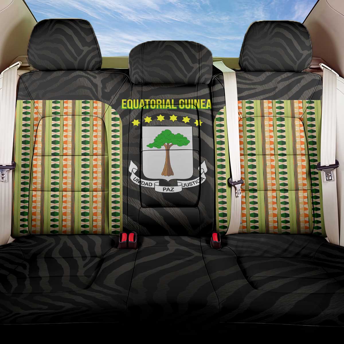 Equatorial Guinea Heritage Back Car Seat Cover with National Emblem and Tribal Zebra Print