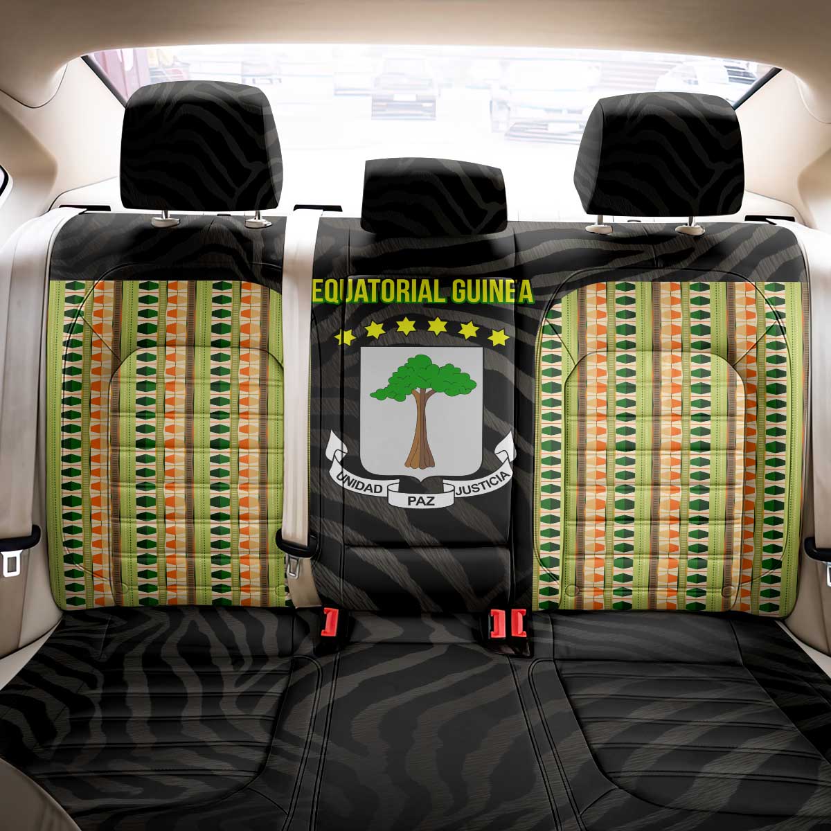 Equatorial Guinea Heritage Back Car Seat Cover with National Emblem and Tribal Zebra Print