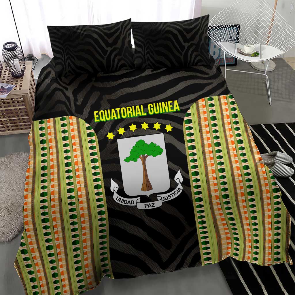 Equatorial Guinea Heritage Bedding Set with National Emblem and Tribal Zebra Print
