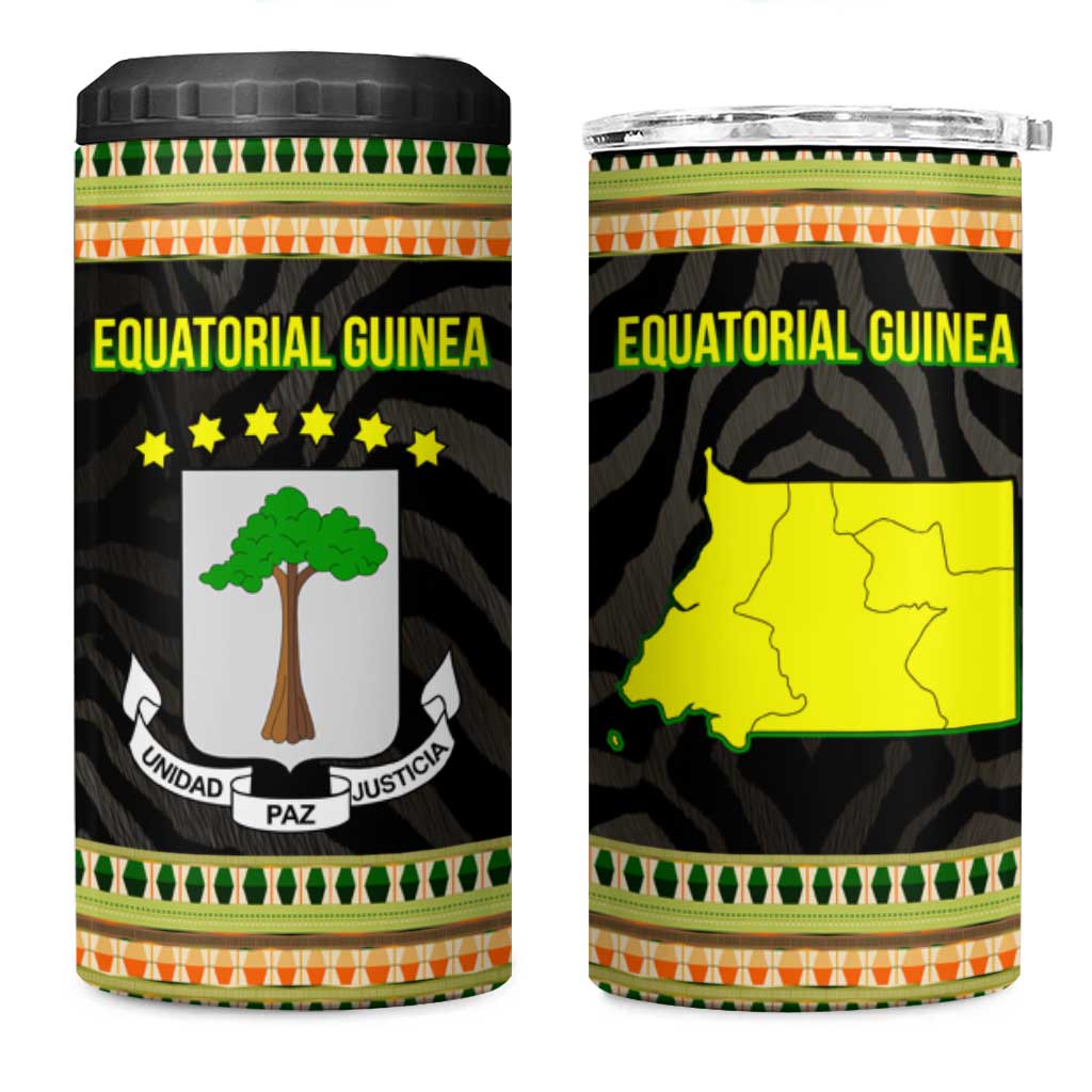 Equatorial Guinea Heritage 4 in 1 Can Cooler Tumbler with National Emblem and Tribal Zebra Print