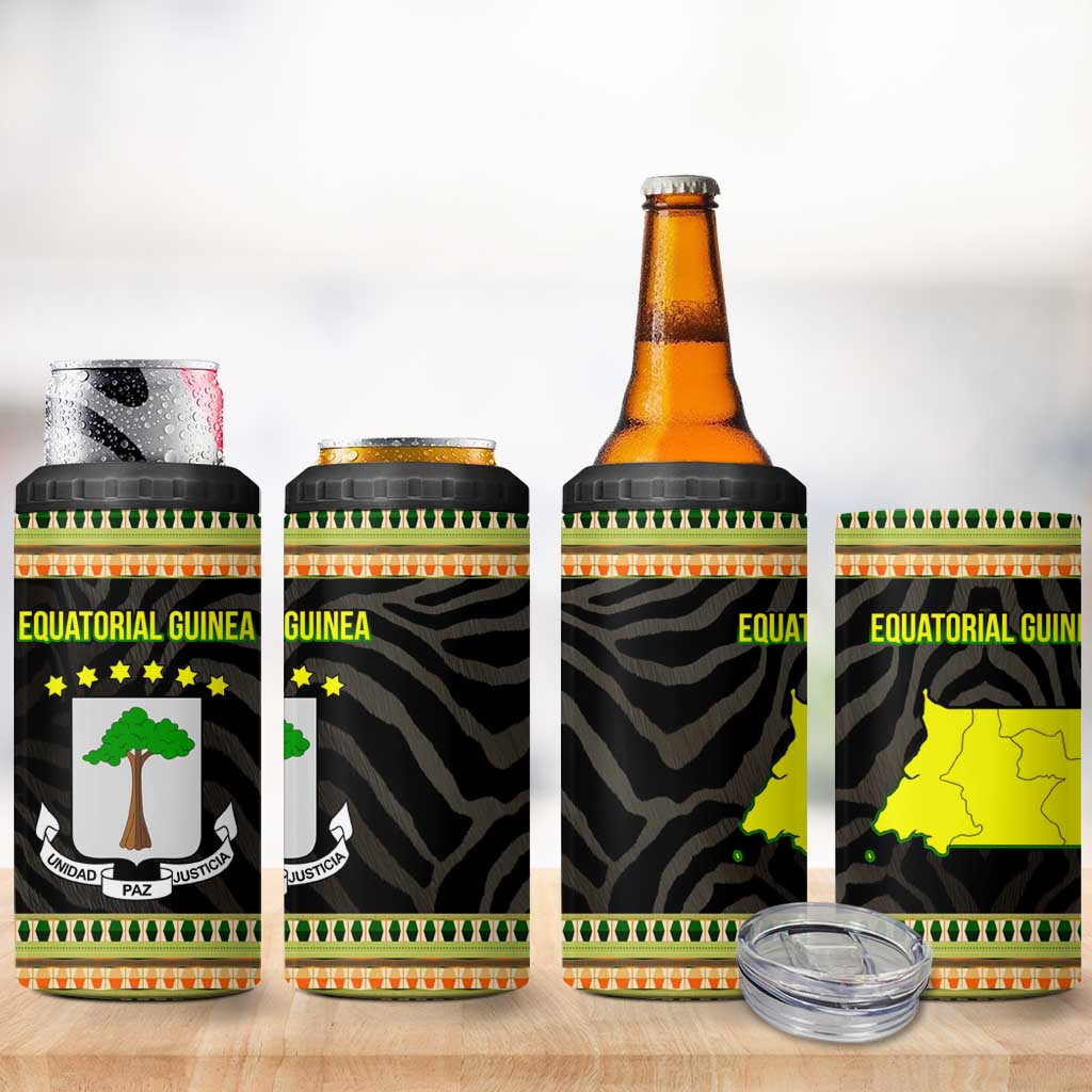Equatorial Guinea Heritage 4 in 1 Can Cooler Tumbler with National Emblem and Tribal Zebra Print