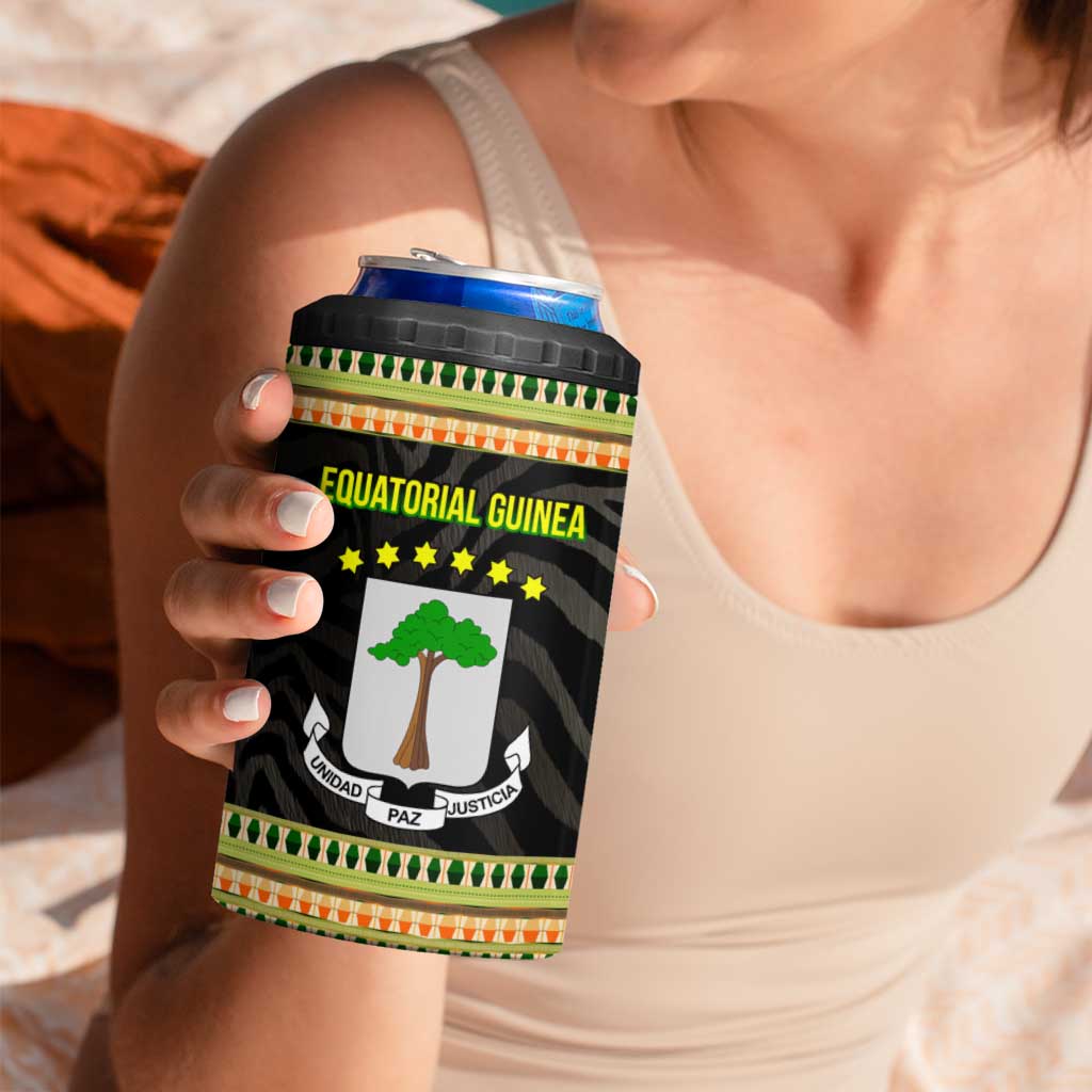 Equatorial Guinea Heritage 4 in 1 Can Cooler Tumbler with National Emblem and Tribal Zebra Print