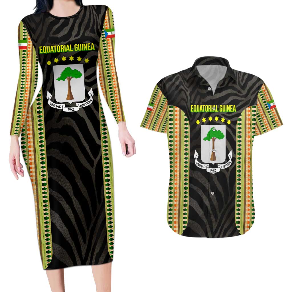 Equatorial Guinea Heritage Couples Matching Long Sleeve Bodycon Dress and Hawaiian Shirt with National Emblem and Tribal Zebra Print