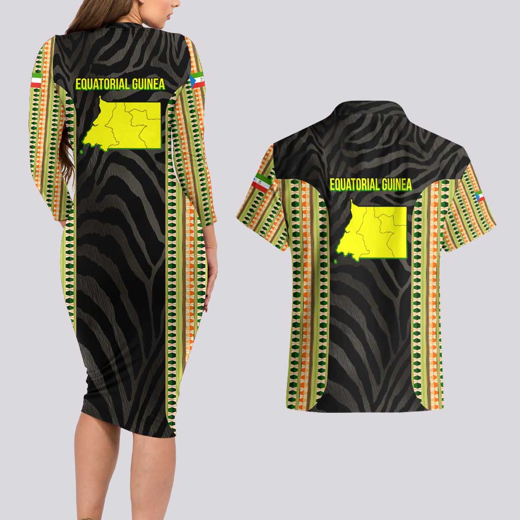 Equatorial Guinea Heritage Couples Matching Long Sleeve Bodycon Dress and Hawaiian Shirt with National Emblem and Tribal Zebra Print