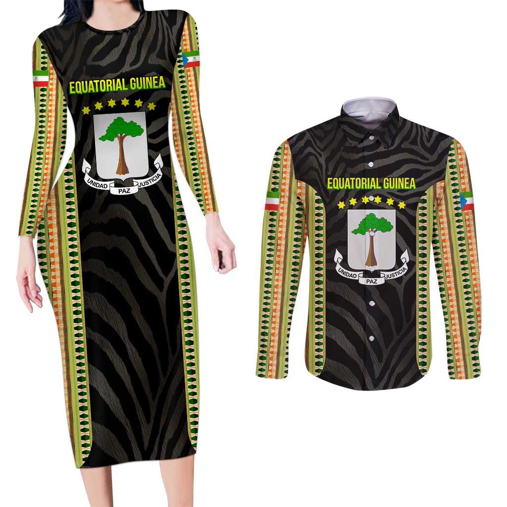 Equatorial Guinea Heritage Couples Matching Long Sleeve Bodycon Dress and Long Sleeve Button Shirt with National Emblem and Tribal Zebra Print