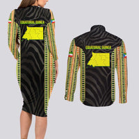 Equatorial Guinea Heritage Couples Matching Long Sleeve Bodycon Dress and Long Sleeve Button Shirt with National Emblem and Tribal Zebra Print