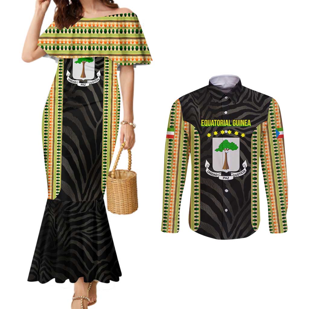 Equatorial Guinea Heritage Couples Matching Mermaid Dress and Long Sleeve Button Shirt with National Emblem and Tribal Zebra Print
