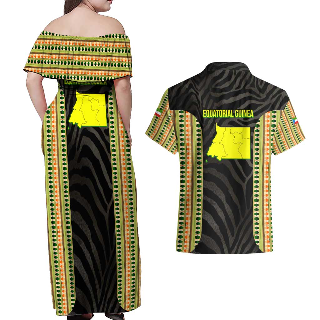Equatorial Guinea Heritage Couples Matching Off Shoulder Maxi Dress and Hawaiian Shirt with National Emblem and Tribal Zebra Print