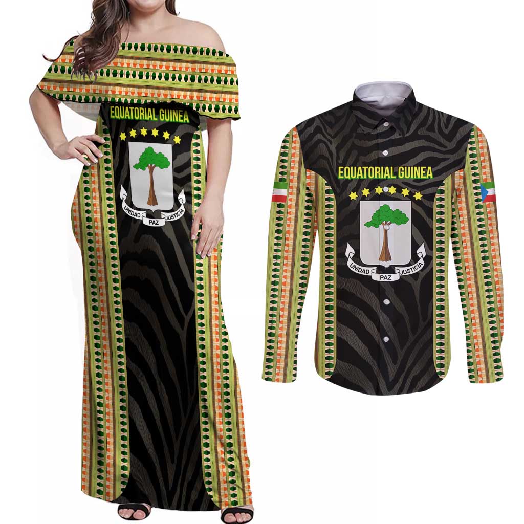 Equatorial Guinea Heritage Couples Matching Off Shoulder Maxi Dress and Long Sleeve Button Shirt with National Emblem and Tribal Zebra Print