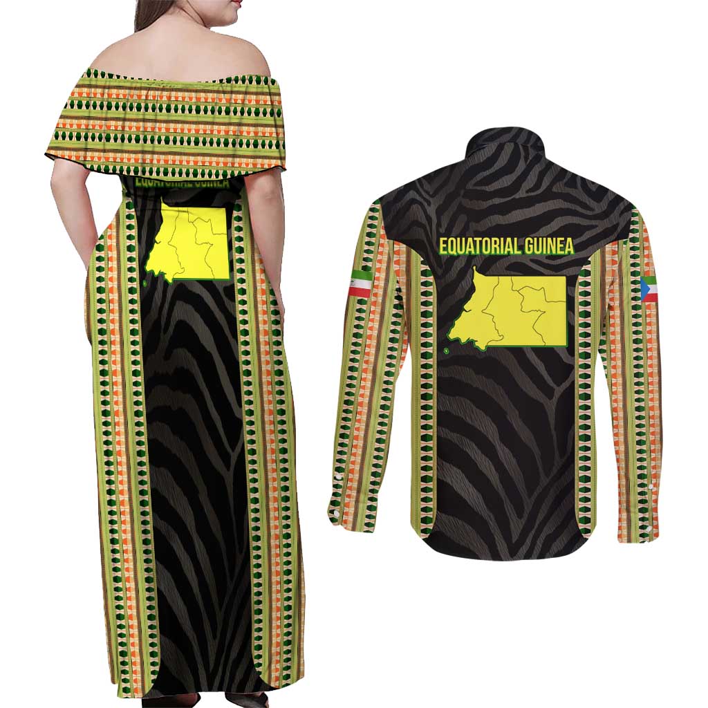 Equatorial Guinea Heritage Couples Matching Off Shoulder Maxi Dress and Long Sleeve Button Shirt with National Emblem and Tribal Zebra Print