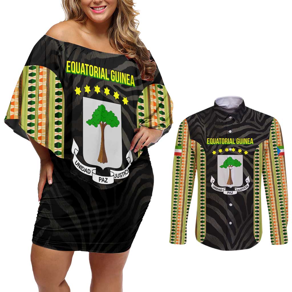 Equatorial Guinea Heritage Couples Matching Off Shoulder Short Dress and Long Sleeve Button Shirt with National Emblem and Tribal Zebra Print