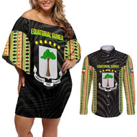 Equatorial Guinea Heritage Couples Matching Off Shoulder Short Dress and Long Sleeve Button Shirt with National Emblem and Tribal Zebra Print