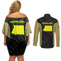 Equatorial Guinea Heritage Couples Matching Off Shoulder Short Dress and Long Sleeve Button Shirt with National Emblem and Tribal Zebra Print