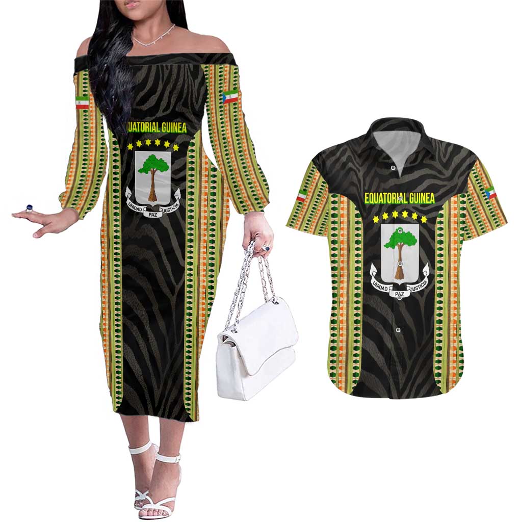 Equatorial Guinea Heritage Couples Matching Off The Shoulder Long Sleeve Dress and Hawaiian Shirt with National Emblem and Tribal Zebra Print