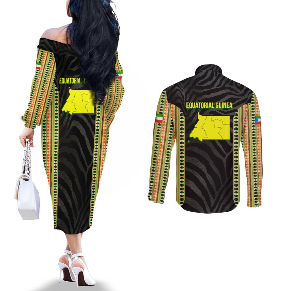 Equatorial Guinea Heritage Couples Matching Off The Shoulder Long Sleeve Dress and Long Sleeve Button Shirt with National Emblem and Tribal Zebra Print