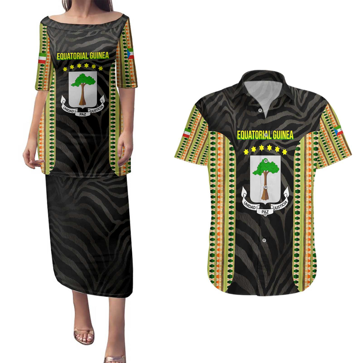 Equatorial Guinea Heritage Couples Matching Puletasi and Hawaiian Shirt with National Emblem and Tribal Zebra Print