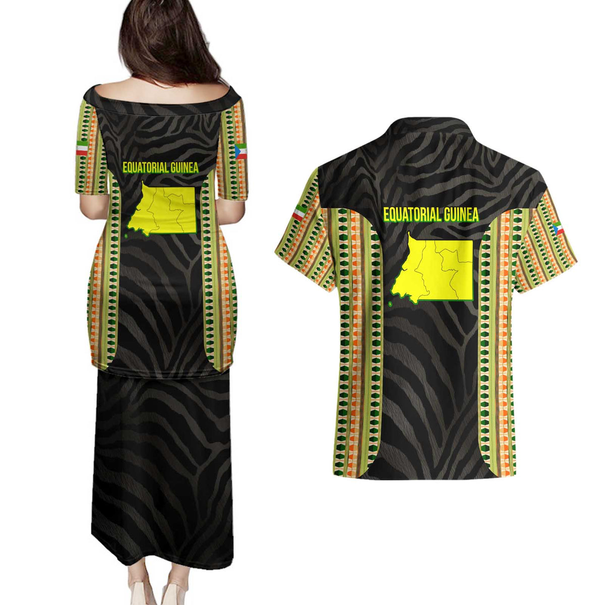 Equatorial Guinea Heritage Couples Matching Puletasi and Hawaiian Shirt with National Emblem and Tribal Zebra Print