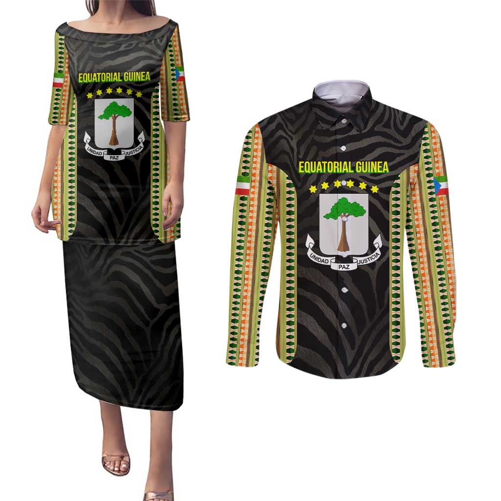 Equatorial Guinea Heritage Couples Matching Puletasi and Long Sleeve Button Shirt with National Emblem and Tribal Zebra Print