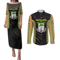 Equatorial Guinea Heritage Couples Matching Puletasi and Long Sleeve Button Shirt with National Emblem and Tribal Zebra Print